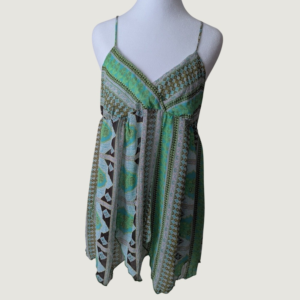 Rave Handkerchief Hem Babydoll Top Sz M Green Flowy Fairycore Y2K Vintage Tank